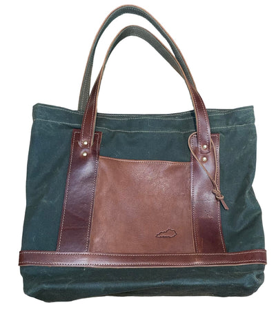 Leather Market Bag with Green Waxed Duck Cloth - You'll get compliments galore with this handcrafted bag on your shoulder.