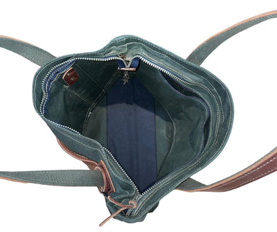 Leather Market Bag with Green Waxed Duck Cloth - You'll get compliments galore with this handcrafted bag on your shoulder.
