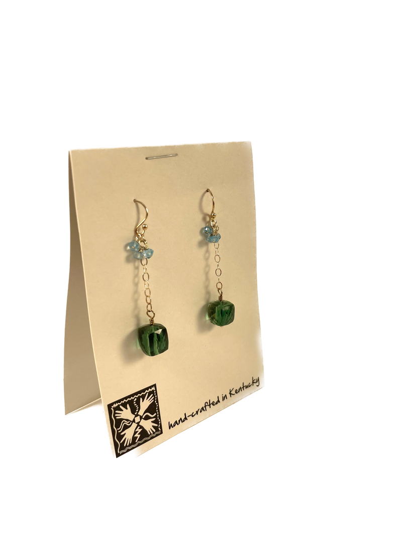 Teal and Green Drop Earrings with Silver Chain