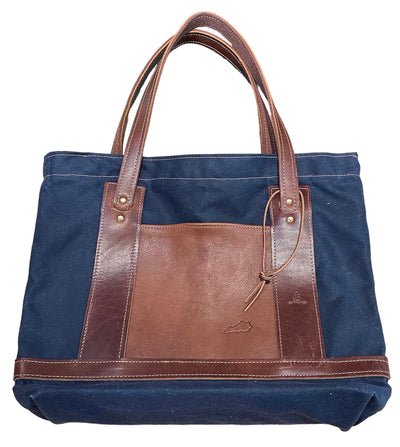 Leather Market Bag with Navy Waxed Duck Cloth