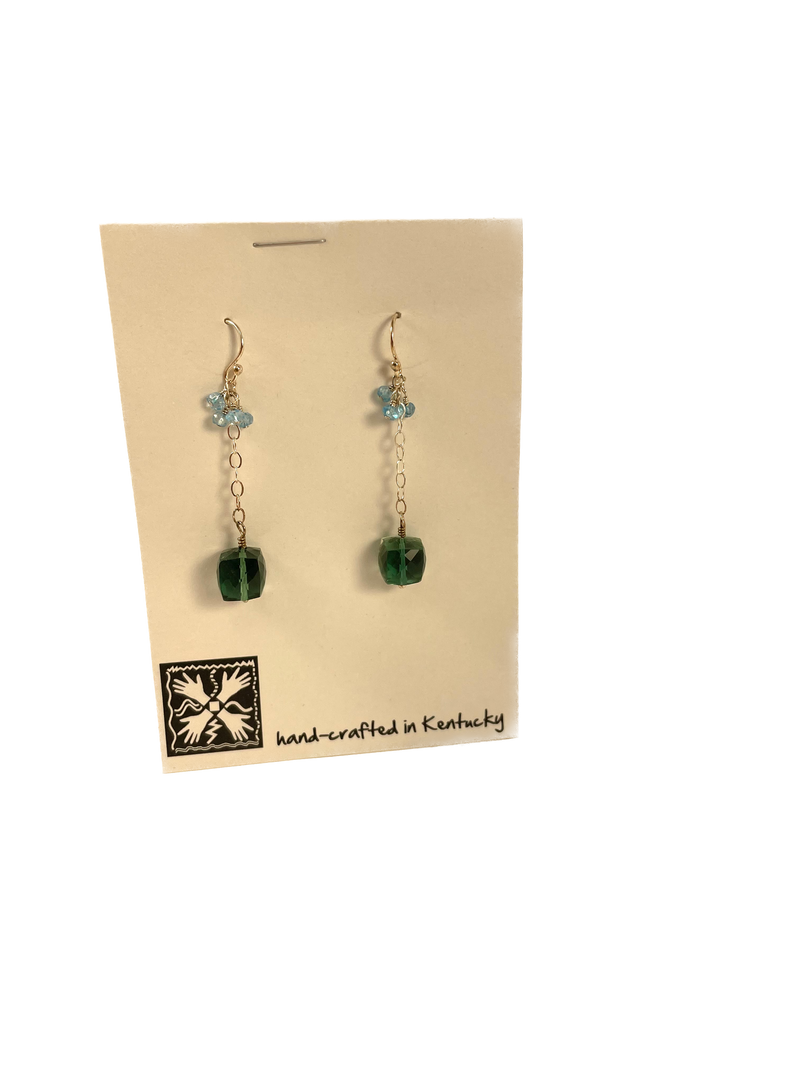 Teal and Green Drop Earrings with Silver Chain