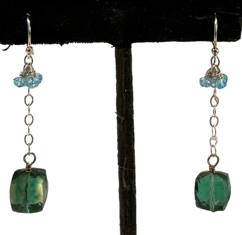 Dark Green Quartz and Swiss Blue Topaz Drop Earrings