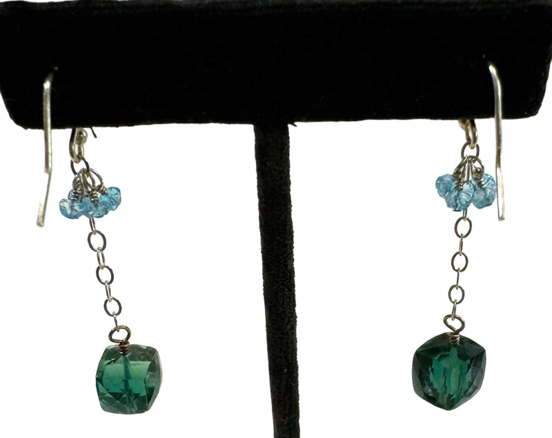 Dark Green Quartz and Swiss Blue Topaz Drop Earrings