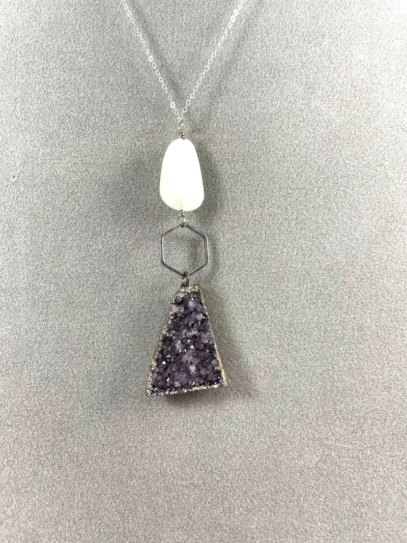 Purple Quartz and White Stone Necklace on Silver Chain