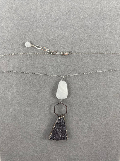 Purple Quartz and White Stone Necklace on Silver Chain
