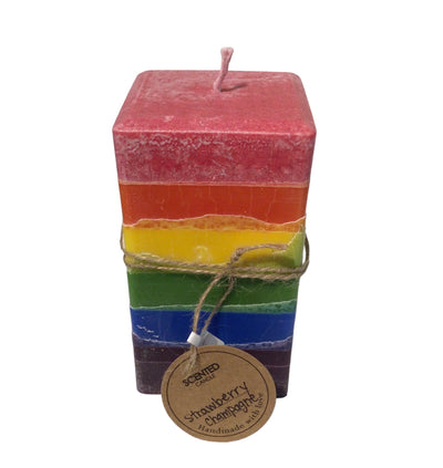 Strawberry Champagne Rainbow Pillar Candle - With scents of strawberry champagne, this summer candle will light up any room, creating instant fun wherever it's lit.