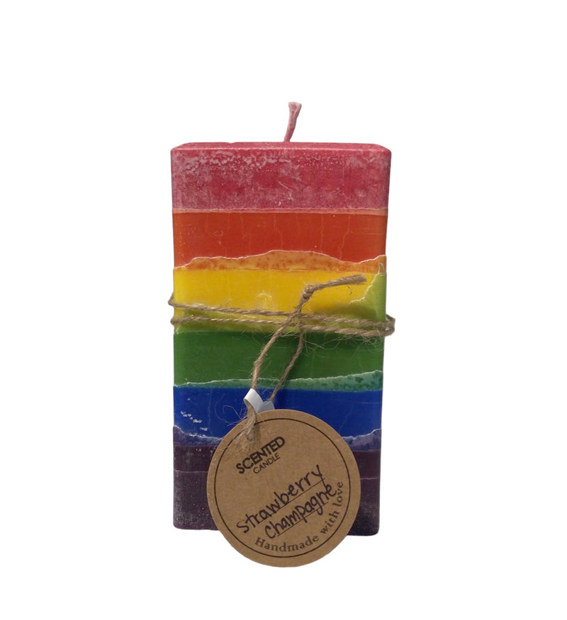 Strawberry Champagne Rainbow Pillar Candle - With scents of strawberry champagne, this summer candle will light up any room, creating instant fun wherever it&